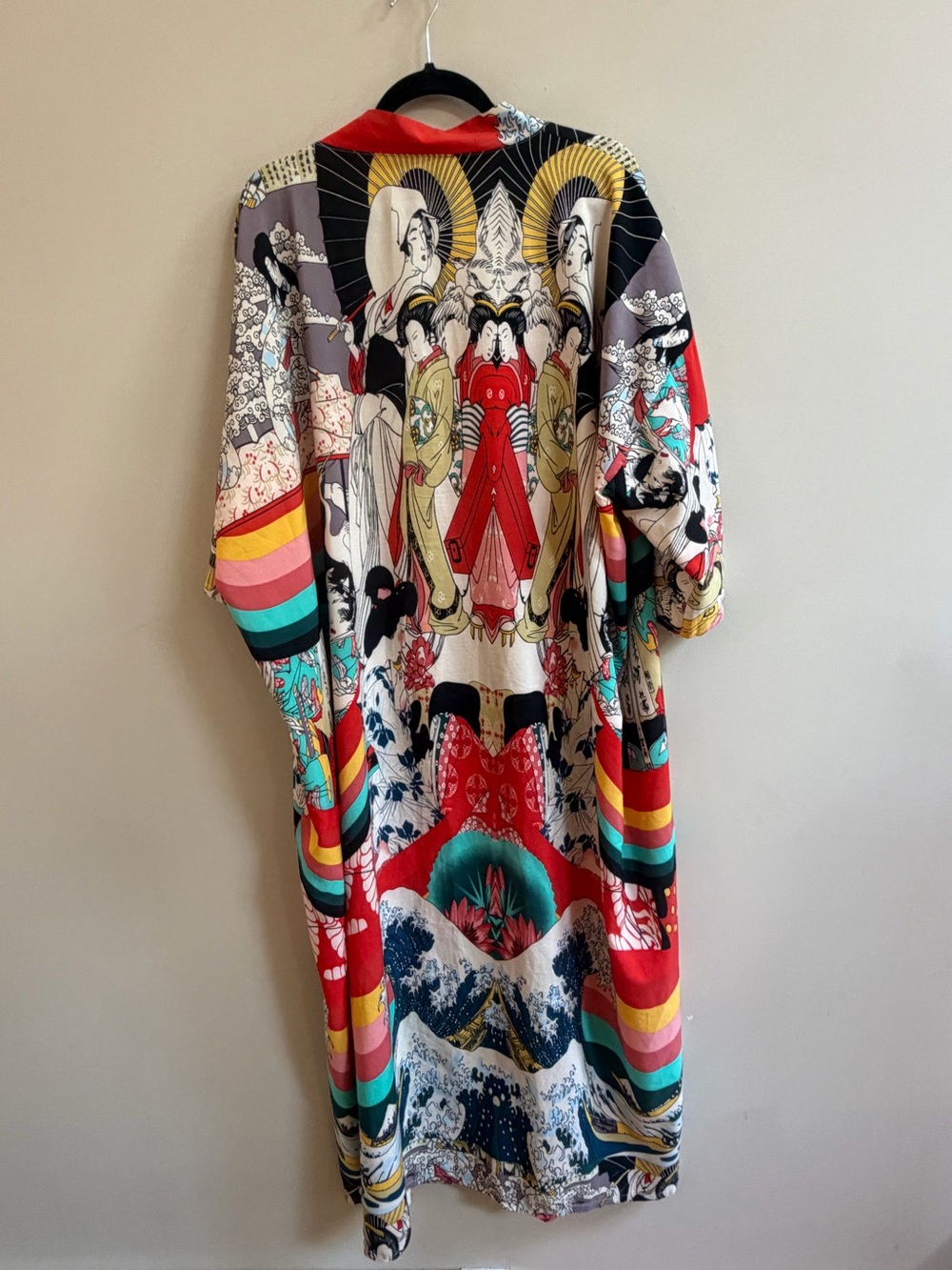 Asian Multicolor Geisha Figures Tsunami Open Front Kimono Robe Beach Cover Up